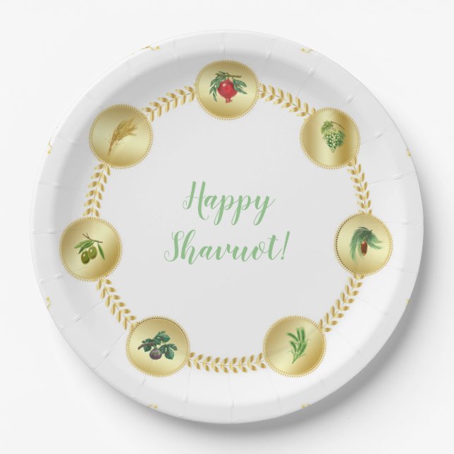 Happy SHAVUOT decorative ornament seven species Paper Plate (Front)