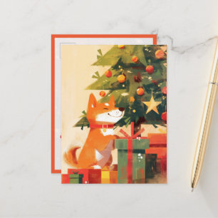 Happy Shiba Inu beside Christmas Tree and Gifts Postcard