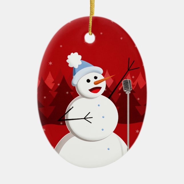 Happy Singing Snowman Christmas Custom Text Ceramic Ornament (Front)