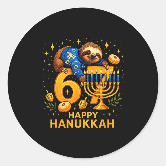 Happy Six Seven Hanukkah Funny Meme Menorah Sloth  Classic Round Sticker (Front)