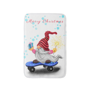 Happy Skater Gnome with Gift Christmas Bath Mat