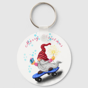 Happy Skater Gnome with Gifts and Sparkler - Fun Keychain