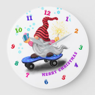 Happy Skater Gnome with Gifts and Sparkler - Fun Large Clock