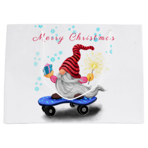 Happy Skater Gnome with Gifts and Sparkler - Fun - Large Gift Bag