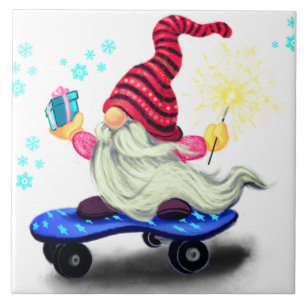 Happy Skater Gnome with Gifts and Sparkler - Fun Tile