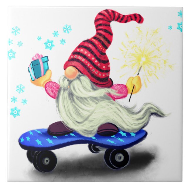 Happy Skater Gnome with Gifts and Sparkler - Fun Tile (Front)