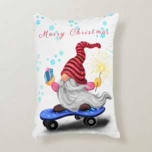 Happy Skater Gnome with Gifts and Sparkler - Funny Accent Pillow