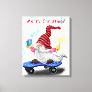 Happy Skater Gnome with Gifts and Sparkler - Funny Canvas Print