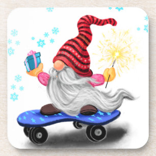Happy Skater Gnome with Gifts and Sparkler - Funny Coaster