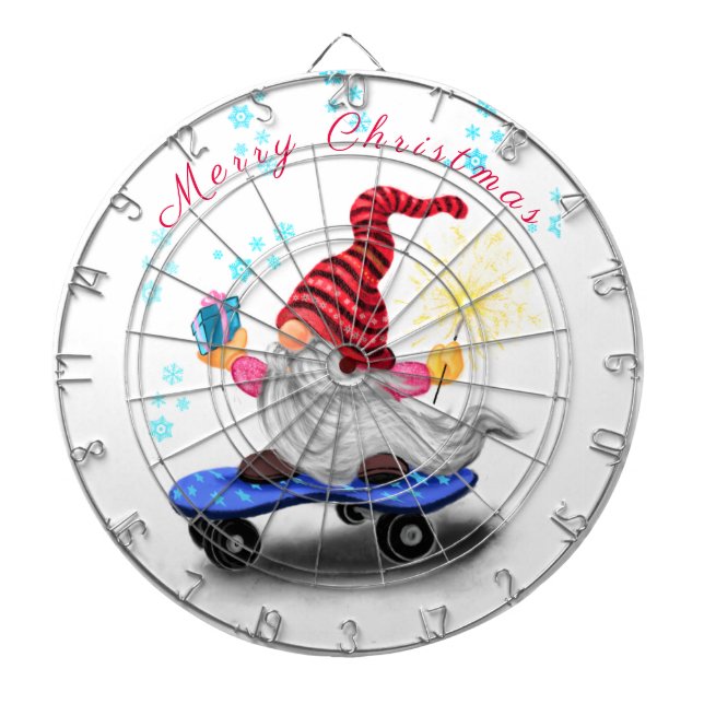 Happy Skater Gnome with Gifts and Sparkler - Funny Dartboard (Front)