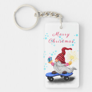 Happy Skater Gnome with Gifts and Sparkler - Funny Keychain
