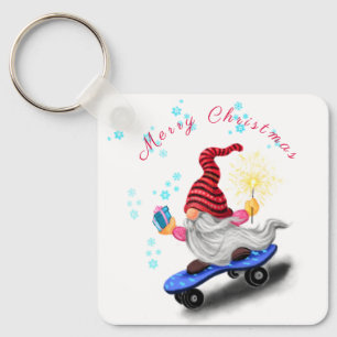 Happy Skater Gnome with Gifts and Sparkler - Funny Keychain