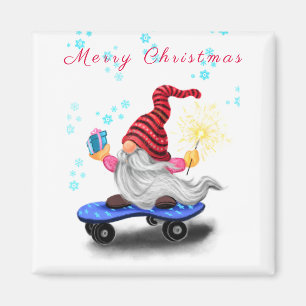 Happy Skater Gnome with Gifts and Sparkler - Funny Magnet