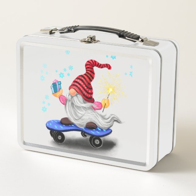 Happy Skater Gnome with Gifts and Sparkler - Funny Metal Lunch Box (Front)