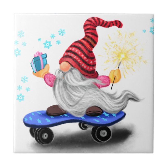 Happy Skater Gnome with Gifts and Sparkler - Funny Tile (Front)