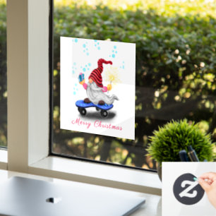 Happy Skater Gnome with Gifts and Sparkler - Funny Window Cling