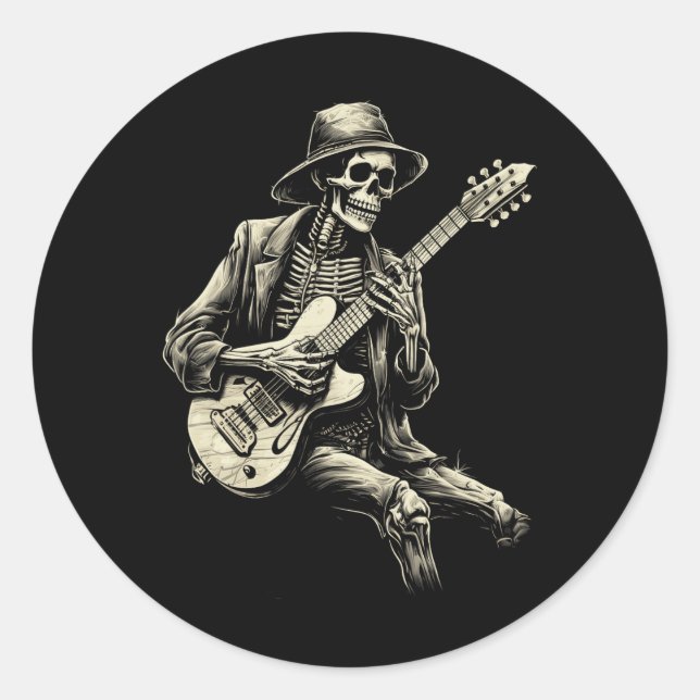 Happy Skeleton Guitar Guy Spooky Halloween Rock Ba Classic Round Sticker (Front)
