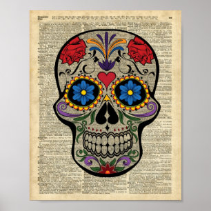 Happy Skull,Sugar Skull,Halloween,Dictionary Art Poster