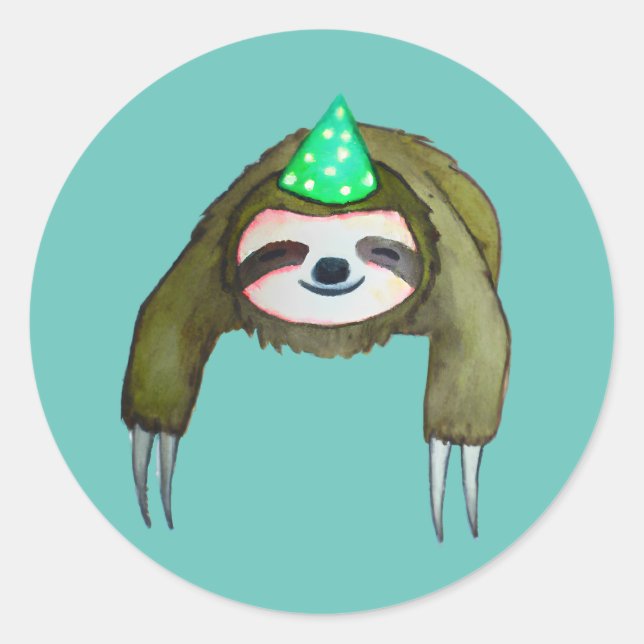 Happy Sloth in Birthday Hat  Classic Round Sticker (Front)