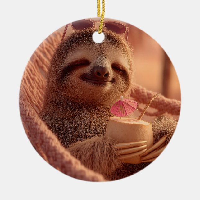 Happy Sloth Relaxing in a Hammock Ceramic Ornament (Front)