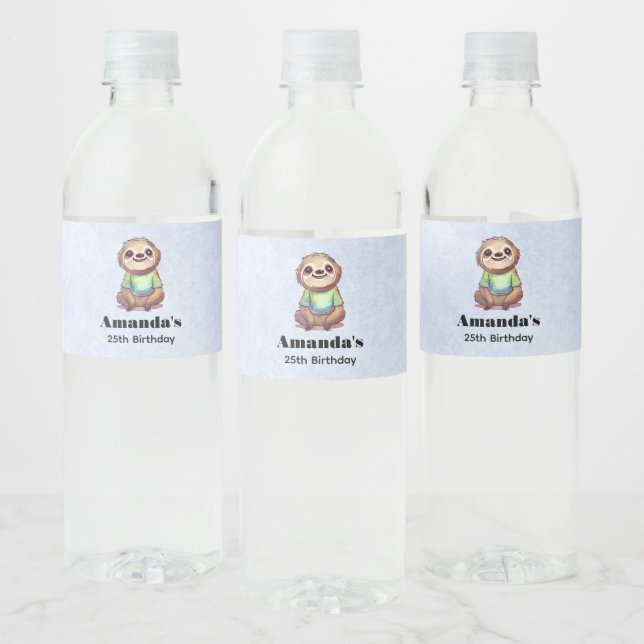 Happy Sloth Wearing a Shirt Cute Birthday Water Bottle Label (Bottles)