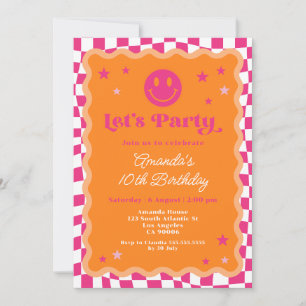 Happy Smile Pink & Orange Chequered Girl Birthday Invitation