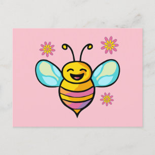 Happy smiling baby bee with flowers.  postcard
