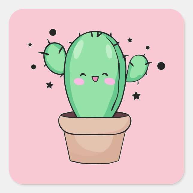 Happy smiling baby cactus in vase with stars.  square sticker (Front)