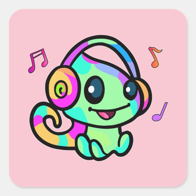 Happy smiling baby chameleon with headphones.  square sticker (Front)