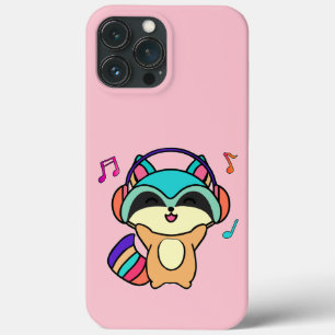 Happy smiling baby raccoon with headphones. iPhone 13 pro max case