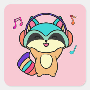 Happy smiling baby raccoon with headphones.  square sticker