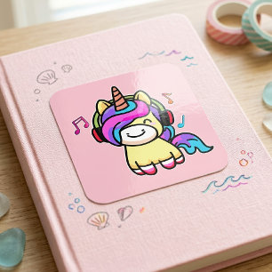 Happy smiling baby unicorn with headphones. square sticker