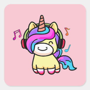 Happy smiling baby unicorn with headphones. square sticker