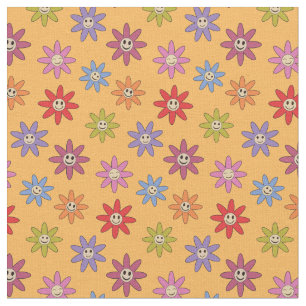 Happy Smiling Colourful Retro flowers on Yellow Fabric