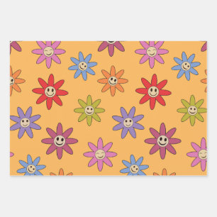 Happy Smiling colourful Retro flowers pattern  Wrapping Paper Sheet