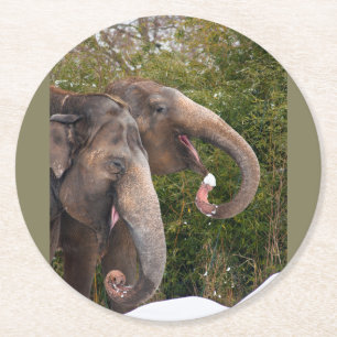 Happy smiling cute elephants playing in the snow. round paper coaster
