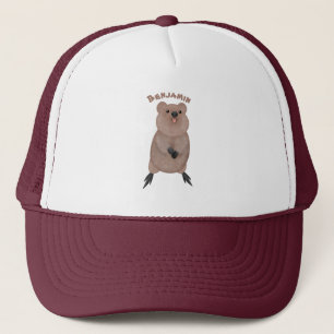 Happy smiling cute quokka cartoon design trucker hat