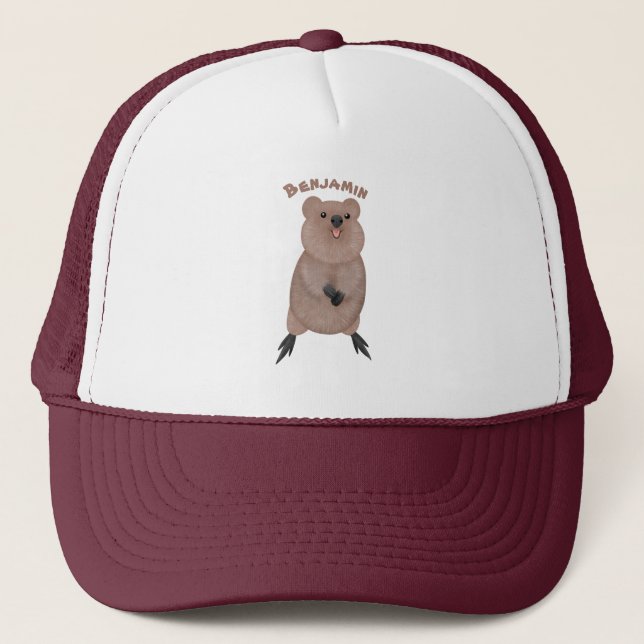 Happy smiling cute quokka cartoon design trucker hat (Front)