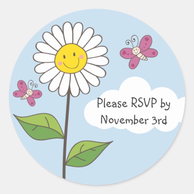 Happy Smiling Daisy & Butterflies RSVP Stickers (Front)