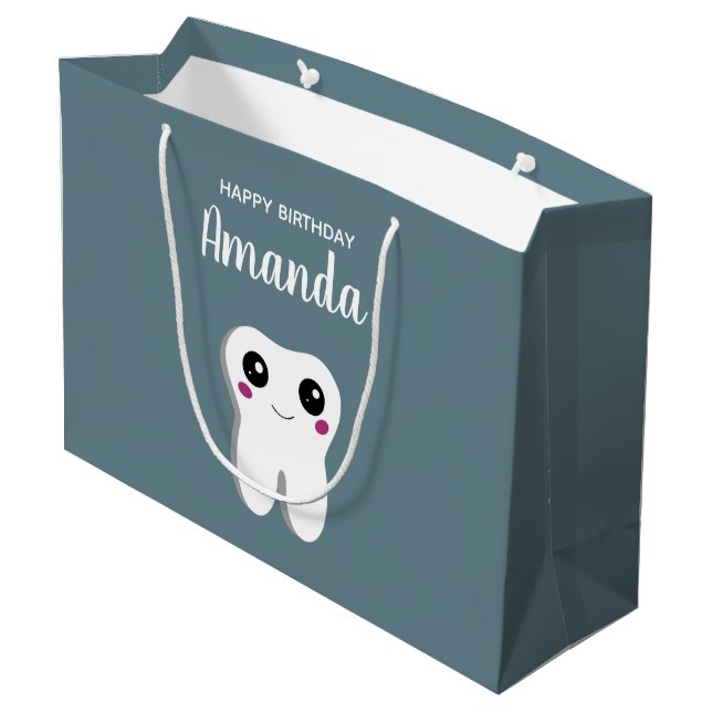 Happy Smiling Dental Tooth Cute Birthday Large Gift Bag (Back Angled)