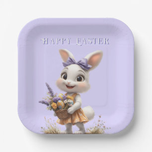  Happy Smiling Easter Bunny Eggs Lavender Bow  Paper Plate