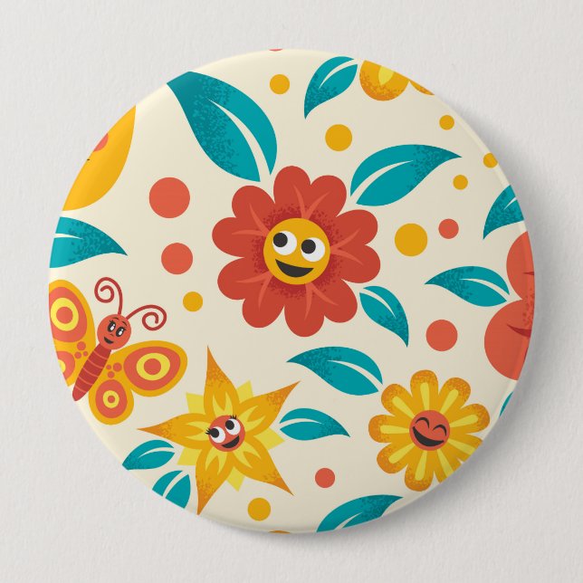 Happy Smiling Flowers Pattern 4 Inch Round Button (Front)