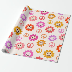 Happy Smiling Flowers pattern with peace signs  Wrapping Paper