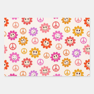 Happy Smiling Flowers pattern with peace signs  Wrapping Paper Sheet