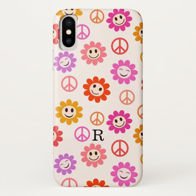 Happy Smiling Flowers with peace signs Monogrammed Case-Mate iPhone Case (Back)