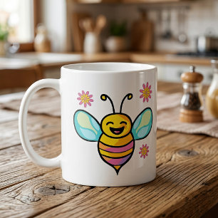 Happy Smiling Kawaii Baby Bee with Cute Flowers Coffee Mug