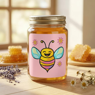 Happy Smiling Kawaii Baby Bee with Cute Flowers Square Sticker