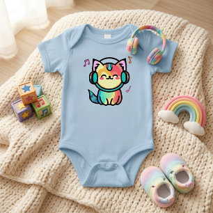 Happy Smiling Kawaii Cartoon Cat with Headphones Baby Bodysuit