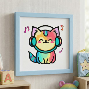 Happy Smiling Kawaii Cartoon Cat with Headphones Photo Print