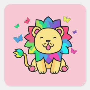 Happy smiling lion with butterflies.  square sticker